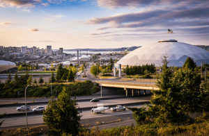Aerial view of Tacoma: I-5 and Tacoma Dome