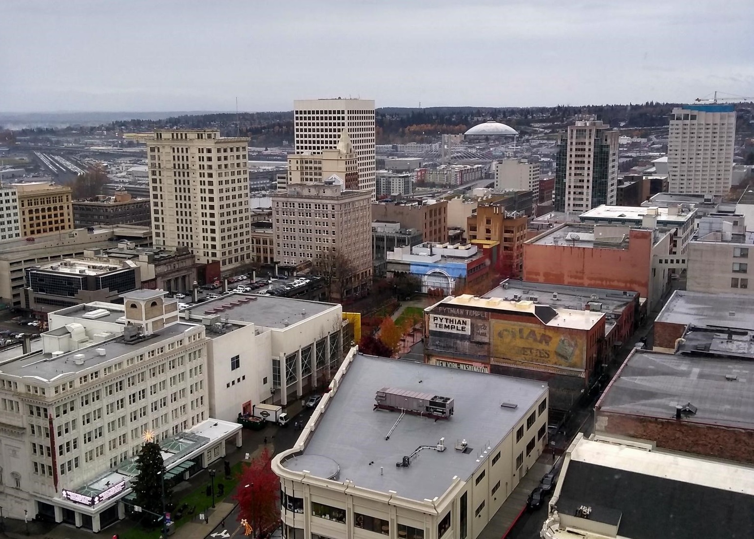 Aerial view of Tacoma from City Hall looking towards Tacoma Dome.