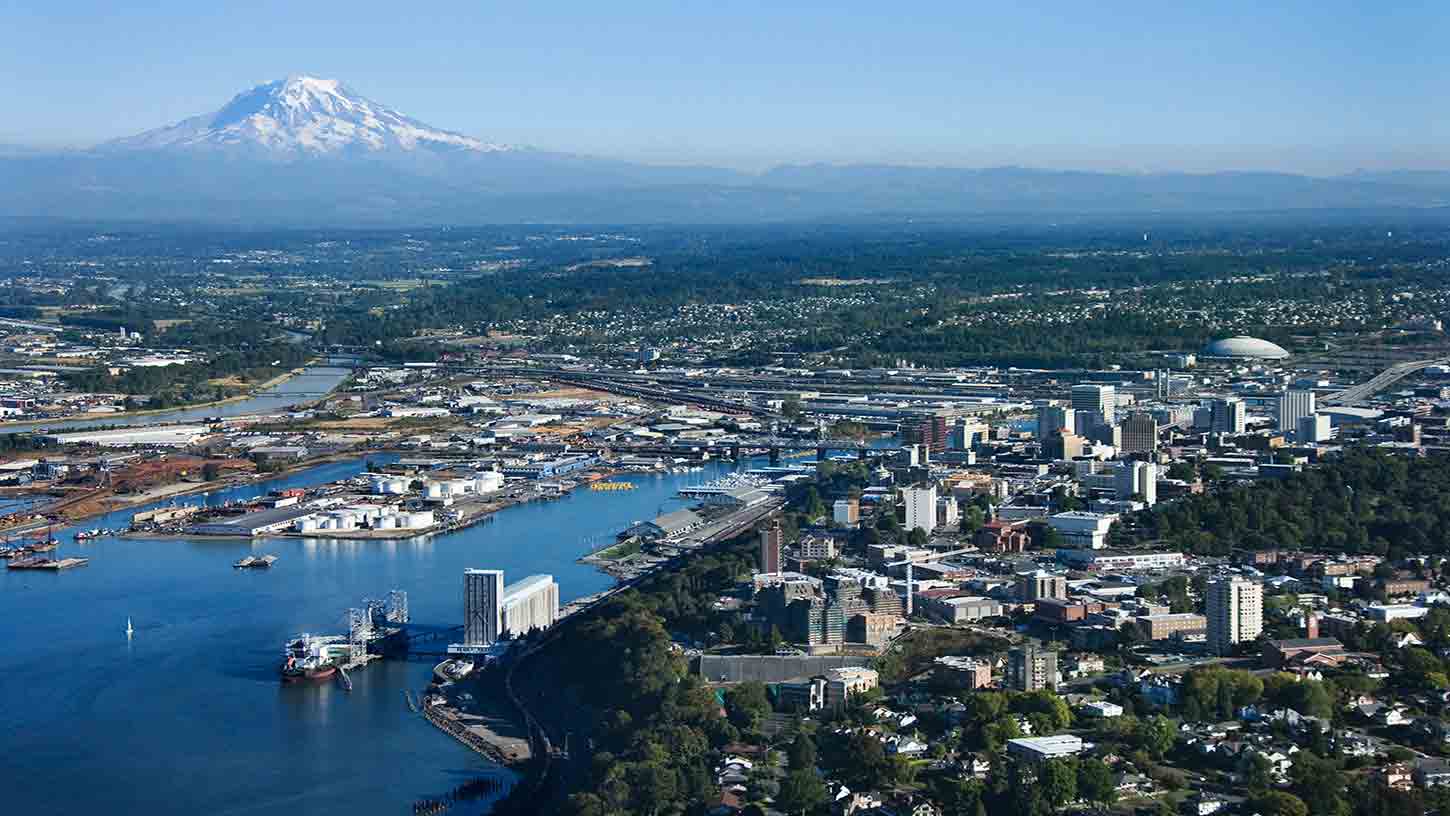 Aerial image of Tacoma looking towards Mt Rainier